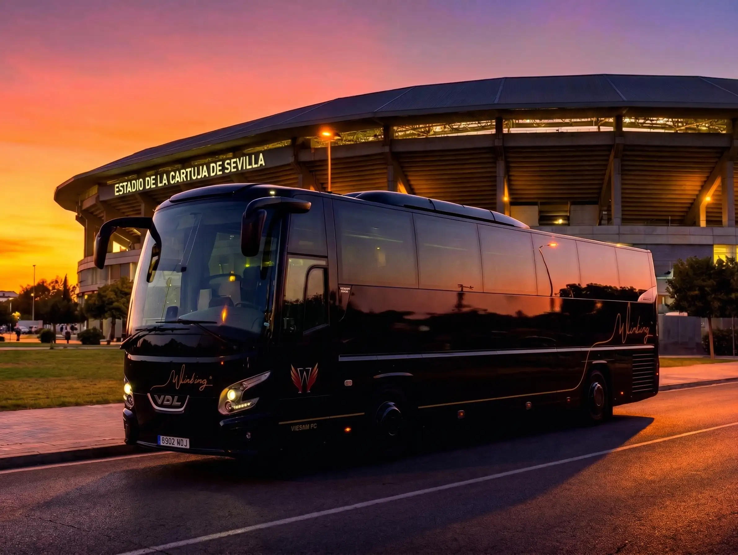 Autocar VDL Futura negro de Winking Bus aparcado junto al Estadio de La Cartuja de Sevilla, con el cielo naranja del atardecer