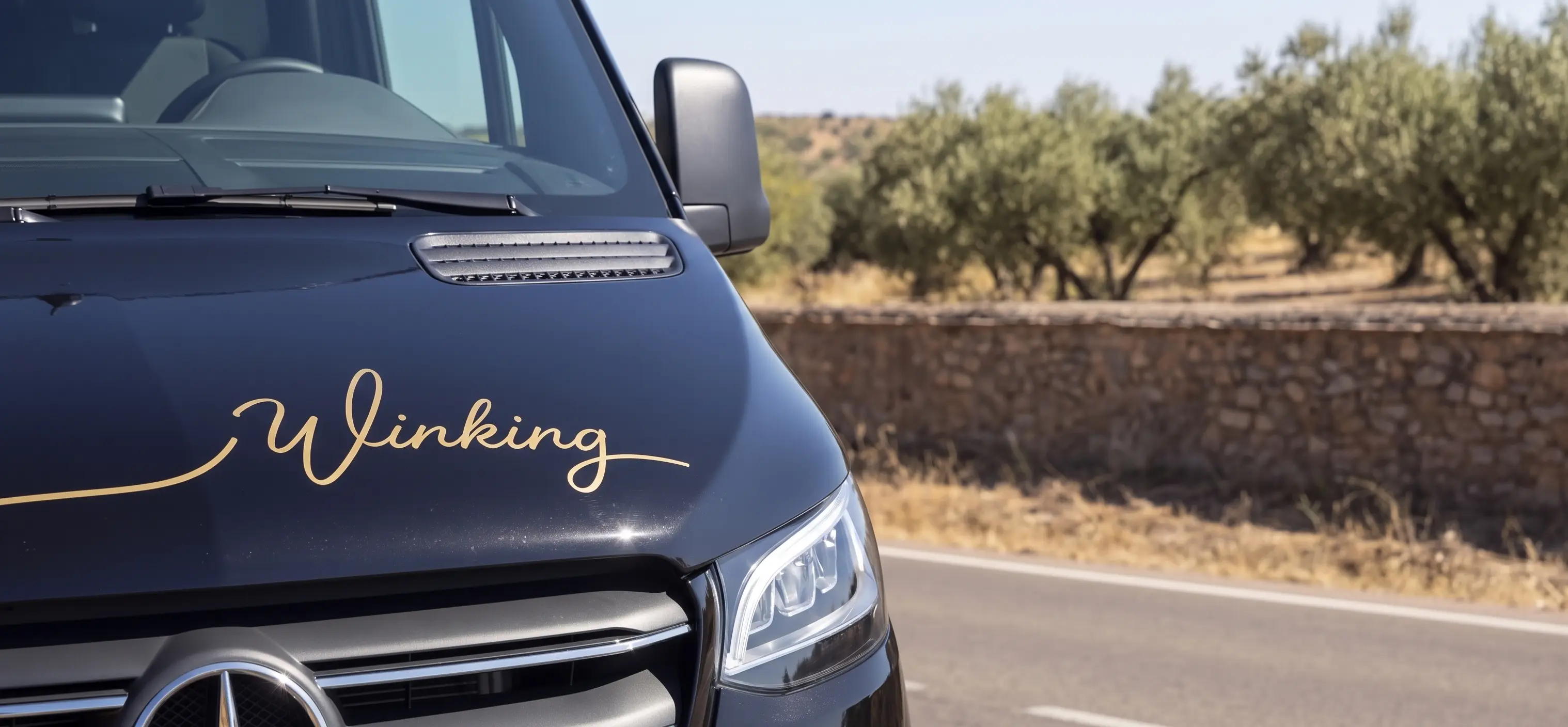 Detalle del capó y frontal del microbús Mercedes-Benz de 19 plazas con rotulación dorada Winking Bus y óptica LED