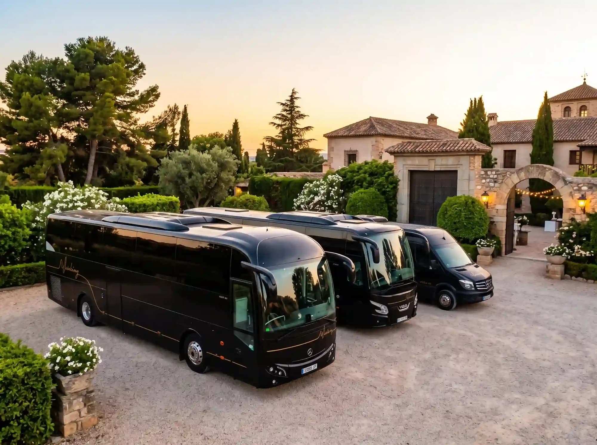 Tres vehículos negros de Winking Bus de distinto tamaño, un autocar, un autocar mediano y un microbús, aparcados en la grava ante la entrada de una finca de bodas al atardecer