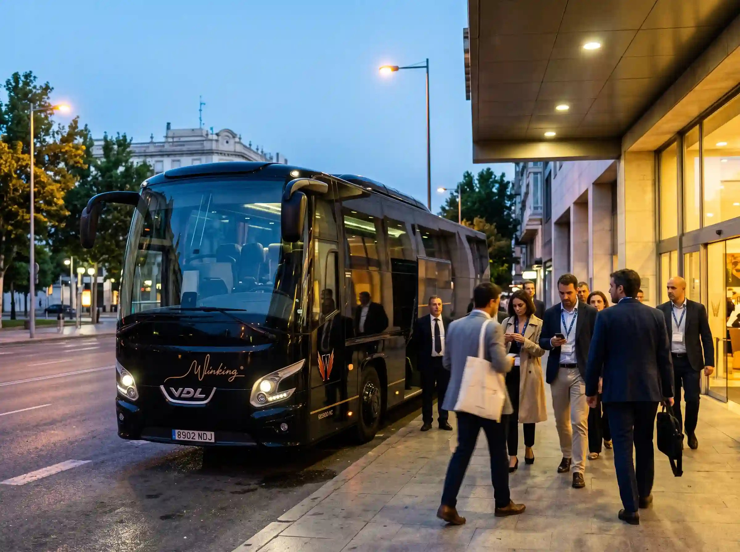 Autocar negro de Winking Bus ante la entrada de un hotel al atardecer, con asistentes a un congreso con acreditación junto al conductor