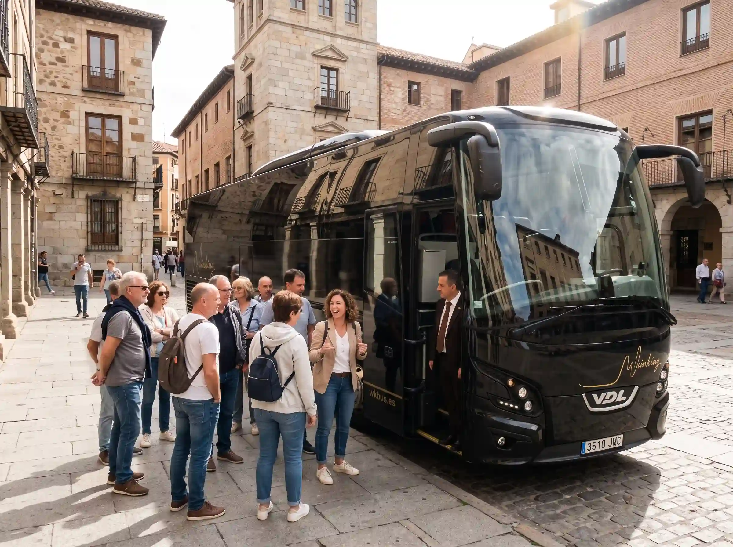 Grupo de excursionistas con mochilas conversando junto a un autocar negro de Winking Bus en una plaza del casco antiguo, con el conductor en la puerta